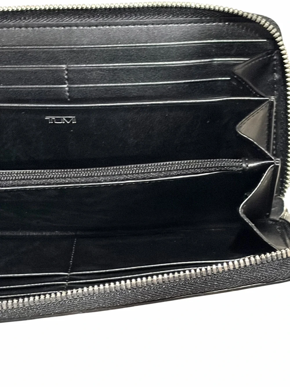 TUMI Black Leather Zip Around Continental Wallet